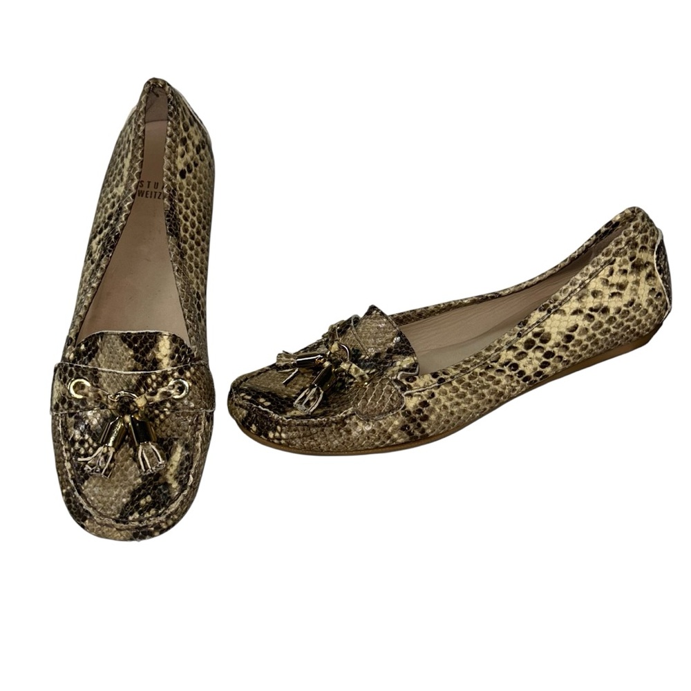 Stuart Weitzman cream Brown python Snakeskin tassel driving Loafers 9